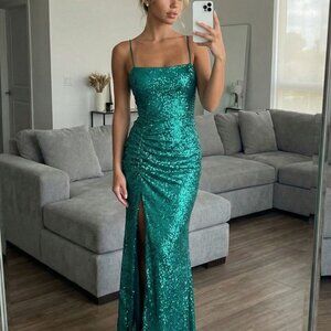 Emerald Green Sequin Maxi Dress Mermaid Slit Prom Formal Evening Gown Wedding